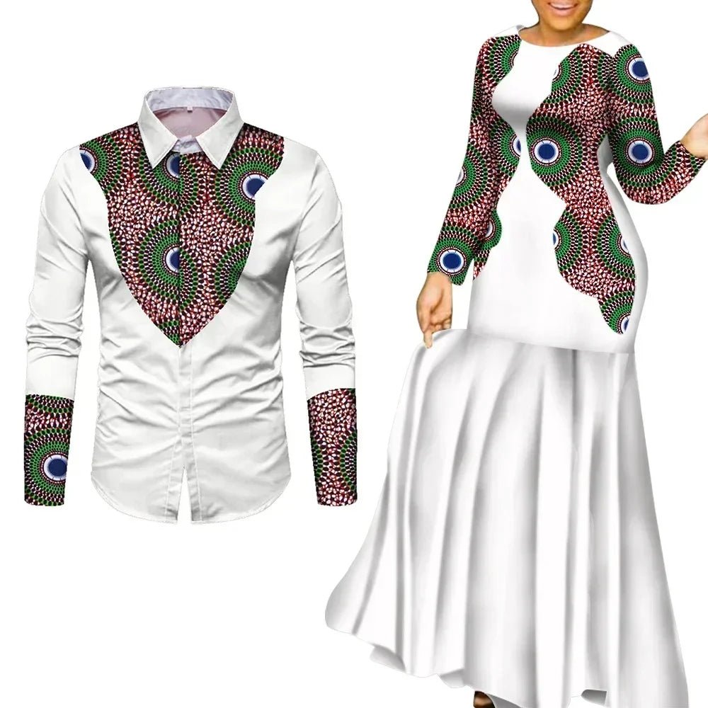 African Couple Matching Outfits – Elegant Lovers’ Traditional Clothing Set, Men’s Shirt & Women’s Long Maxi Dress - Free Delivery Worldwide only at Flexi Africa