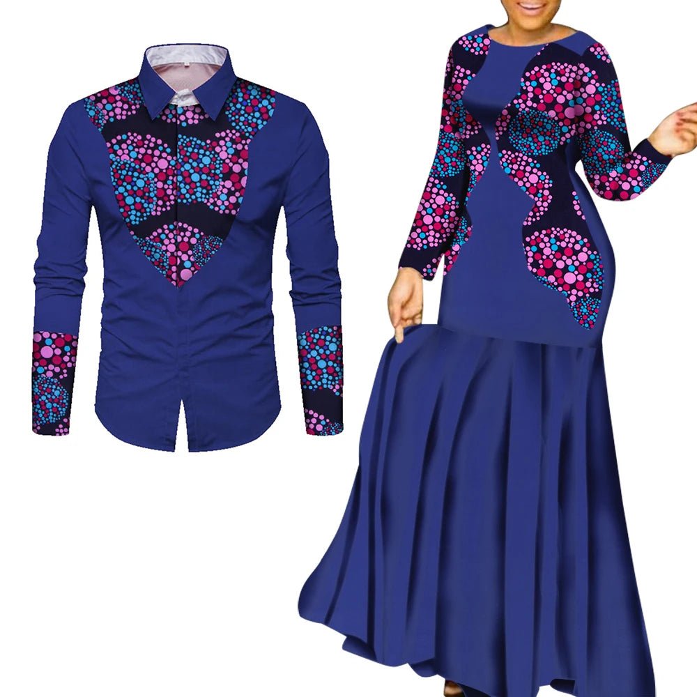 African Couple Matching Outfits – Elegant Lovers’ Traditional Clothing Set, Men’s Shirt & Women’s Long Maxi Dress - Free Delivery Worldwide only at Flexi Africa