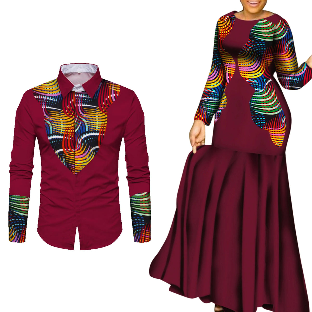 African Couple Matching Outfits – Elegant Lovers’ Traditional Clothing Set, Men’s Shirt & Women’s Long Maxi Dress - Free Delivery Worldwide only at Flexi Africa
