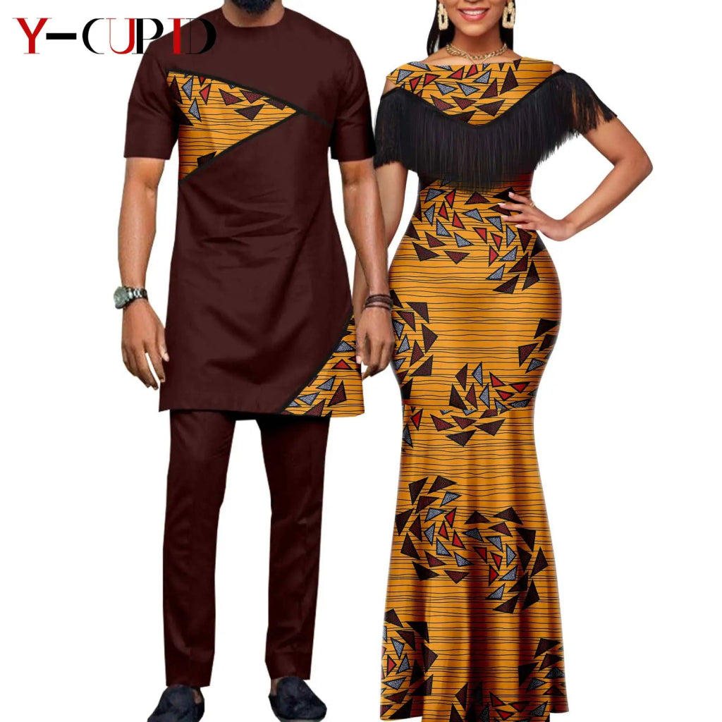 African Dashiki Bazin Riche Long Dress for Women – Slim Tassel Print Matching Couple Party Outfit - Free Delivery Worldwide only at Flexi Africa