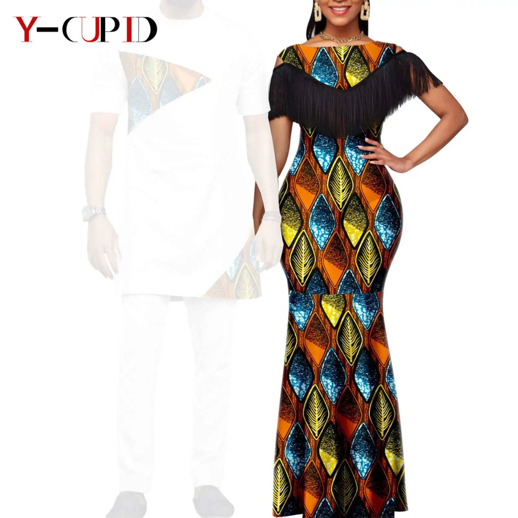 African Dashiki Bazin Riche Long Dress for Women – Slim Tassel Print Matching Couple Party Outfit - Free Delivery Worldwide only at Flexi Africa
