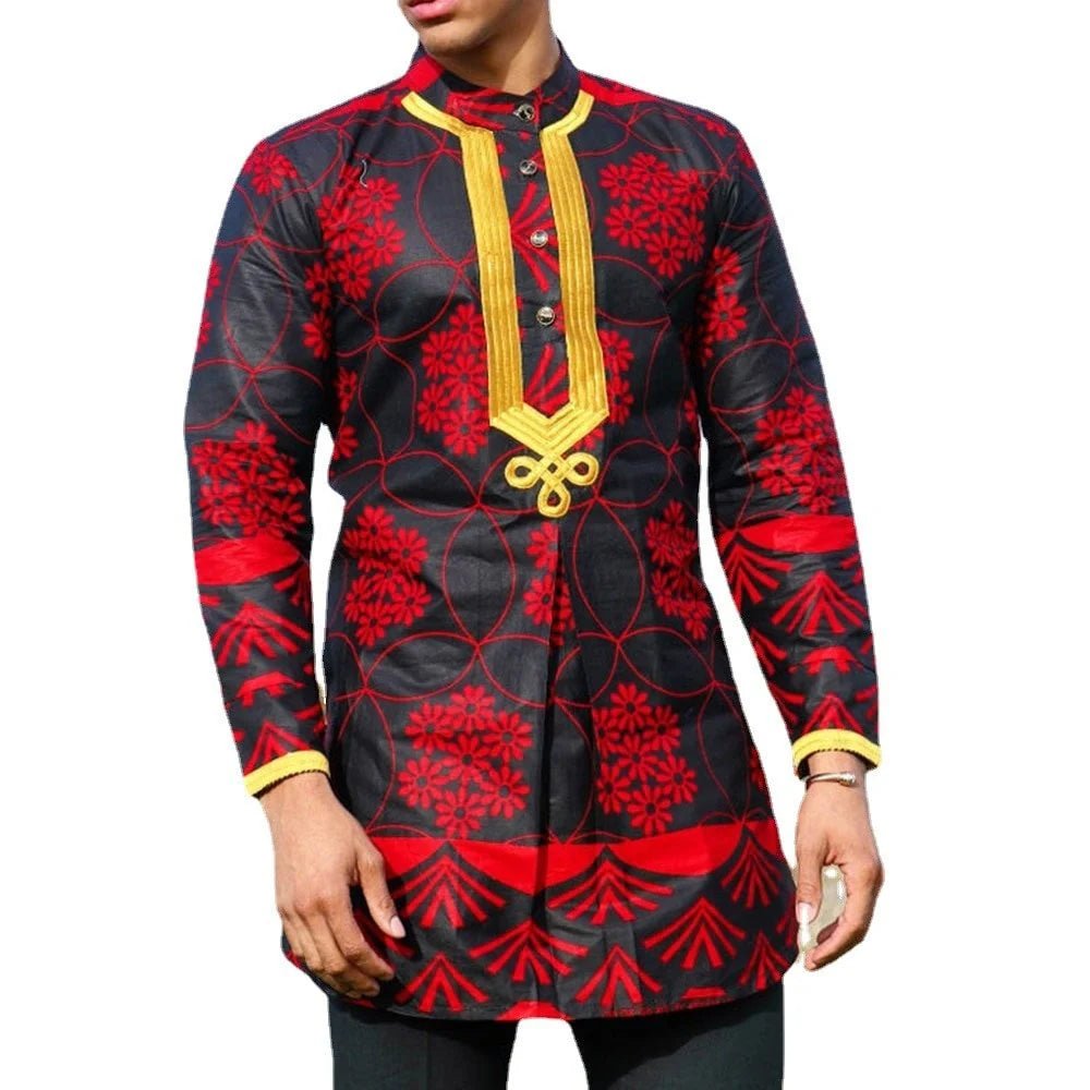 African Dashiki Dress Shirt: Red Floral Print Men's Fashion for Hip Hop Streetwear with Traditional Vibes - Free Delivery Worldwide only at Flexi Africa