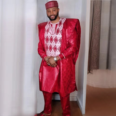 African Dashiki Suit – Traditional Embroidered Red Top and Pants Sets - Free Delivery Worldwide only at Flexi Africa