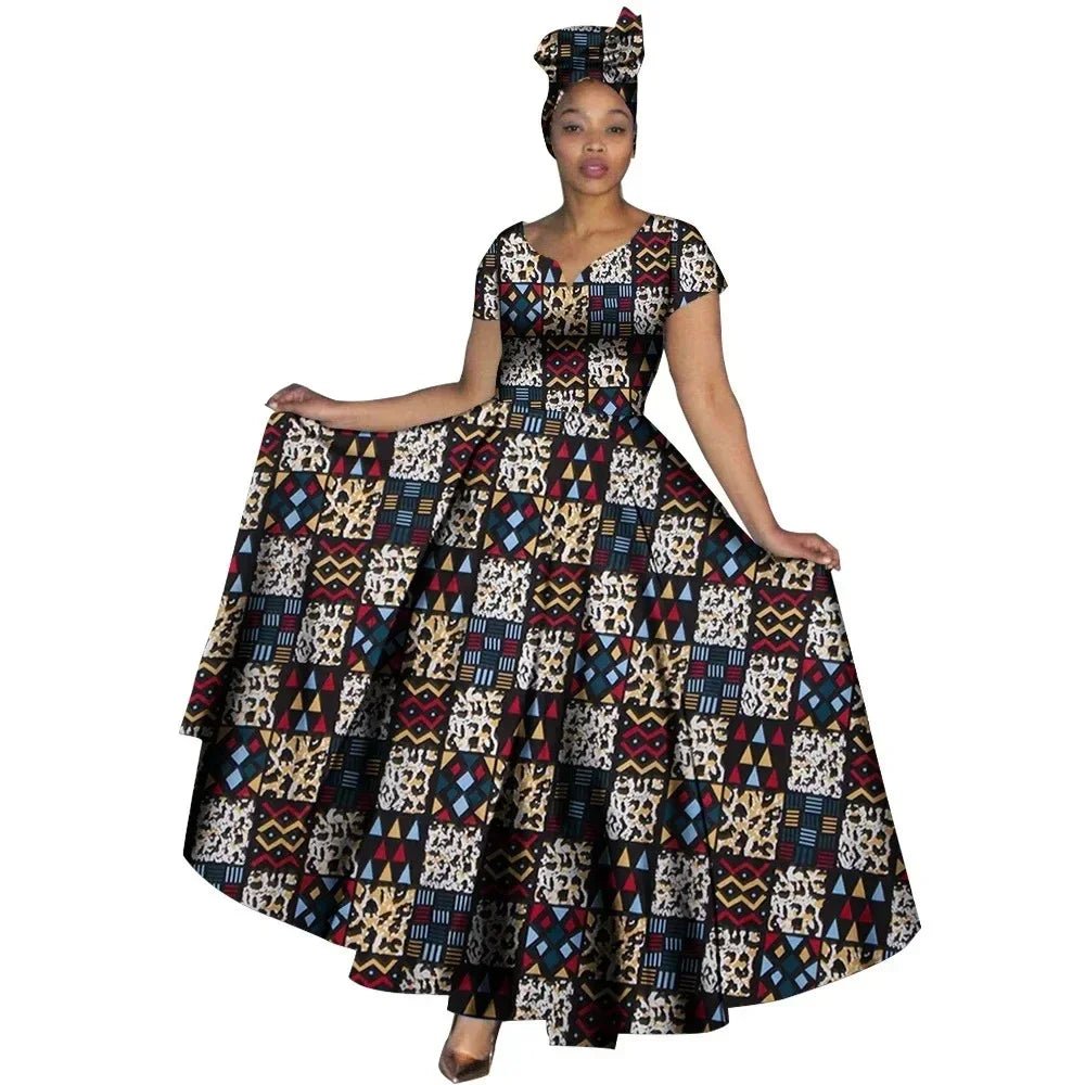 African Dashiki Women’s Maxi Dress – Ankara Print V - Neck Long Dress with Head Scarf - Free Delivery Worldwide only at Flexi Africa