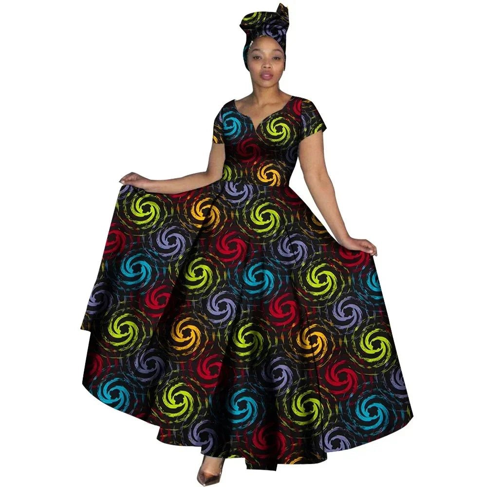 African Dashiki Women’s Maxi Dress – Ankara Print V - Neck Long Dress with Head Scarf - Free Delivery Worldwide only at Flexi Africa
