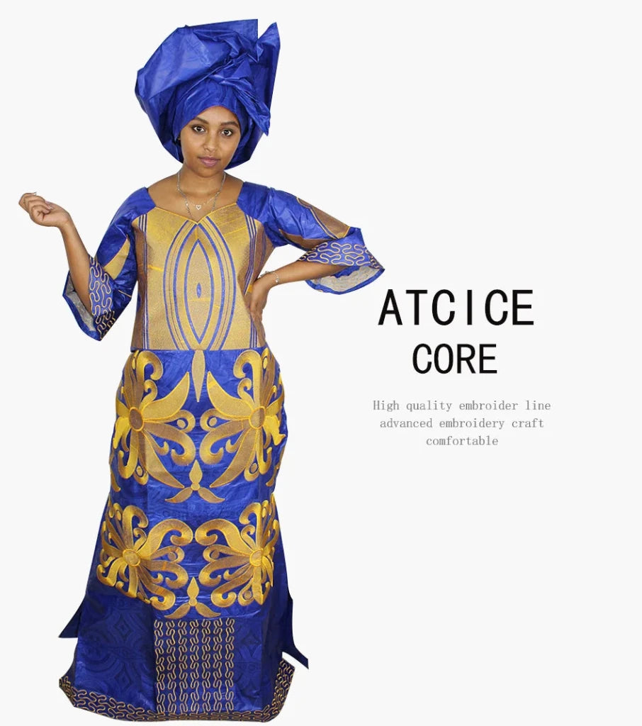 African Dress For Woman Bazin Riche Embroidery Design Floor Length Dress With Scarf - Free Delivery Worldwide only at Flexi Africa