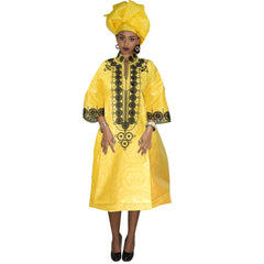 African Dresses For Woman Baizn Riche Embroidery Middle Dress With Scarf - Free Delivery Worldwide only at Flexi Africa