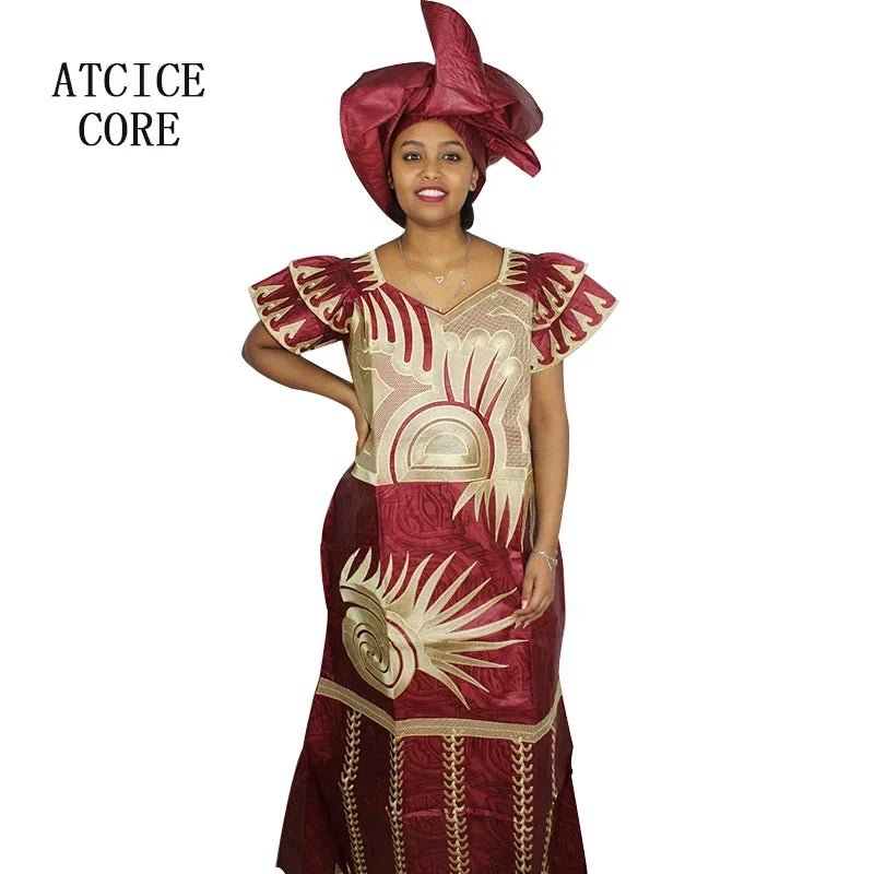 African Dresses for Women – Fashionable Long Dress with Embroidery Design & Matching Scarf - Free Delivery Worldwide only at Flexi Africa