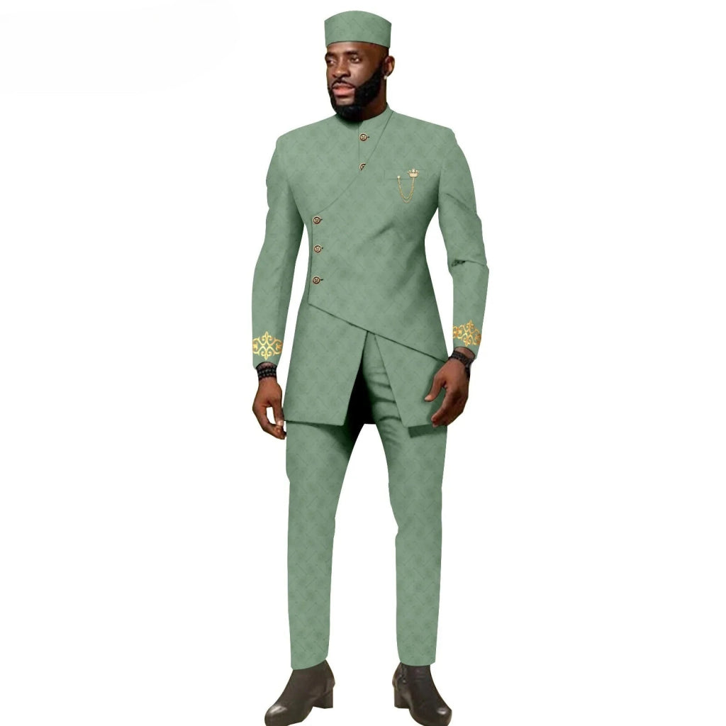 African Ethnic New Men's Casual Suit - Refined and Fitted Style - Party Dress - Fashionable Men's Clothing (Top + Pants + Hat) - Free Delivery Worldwide only at Flexi Africa