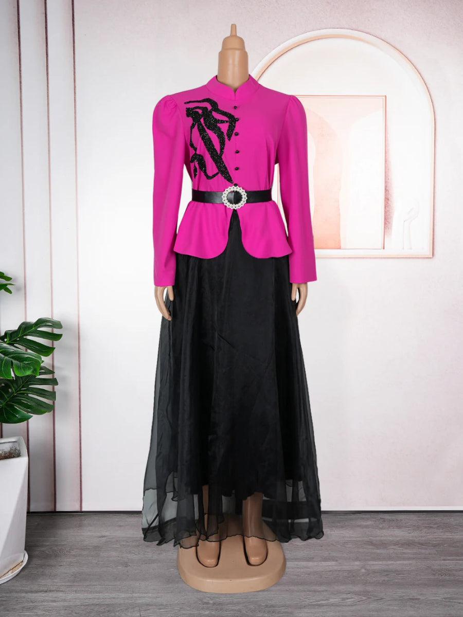 African Fashion Plus Size Long Sleeve Dress – Elegant Gauze Gown for Weddings and Daily Wear - Free Delivery Worldwide only at Flexi Africa