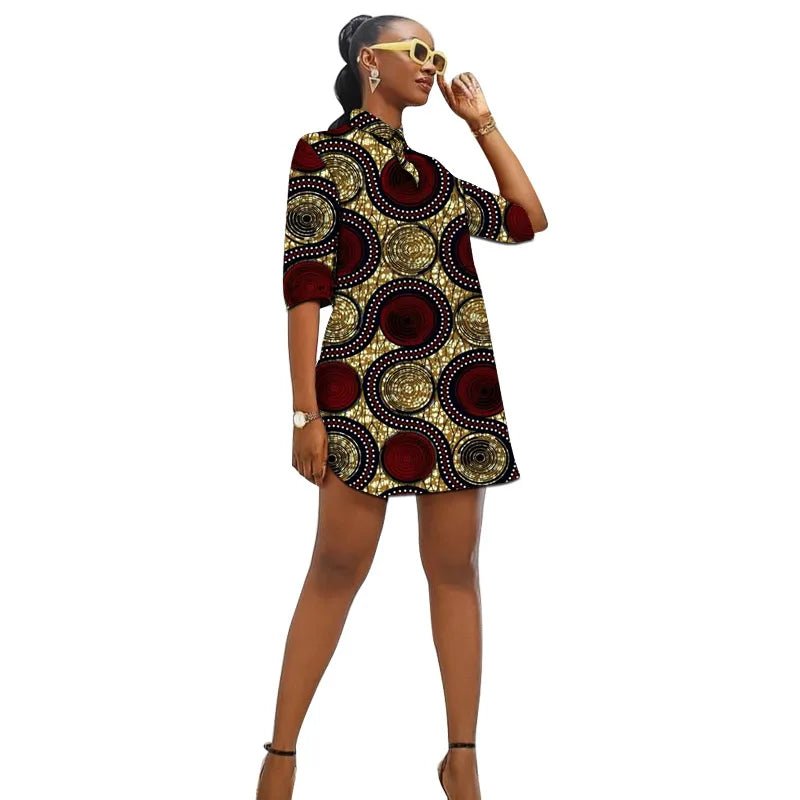 African Fashion Turn Down Collar Dress Customized Women's Ankara Outfit Colorful Print Female Wedding Wear - Free Delivery Worldwide only at Flexi Africa