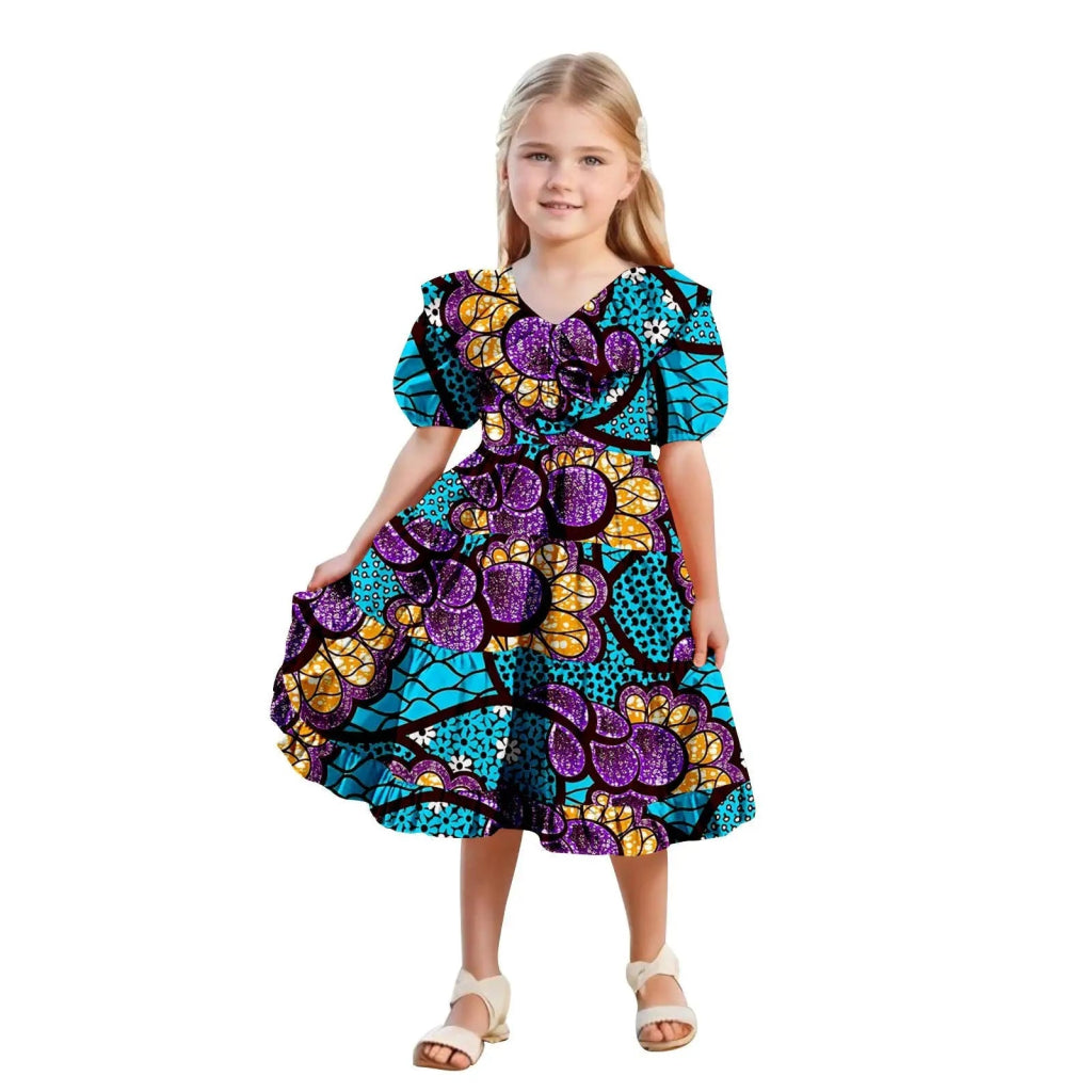 African Girls’ Ankara Print Dress with Double Ruffle Collar – Bazin Riche Children’s Party Dress - Free Delivery Worldwide only at Flexi Africa
