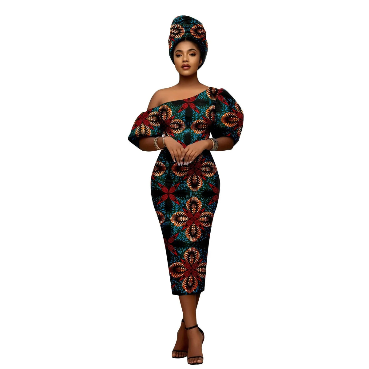 African Heritage Dress – Slim Fit Dashiki Gown with Puff Sleeves and Headwrap - Free Delivery Worldwide only at Flexi Africa