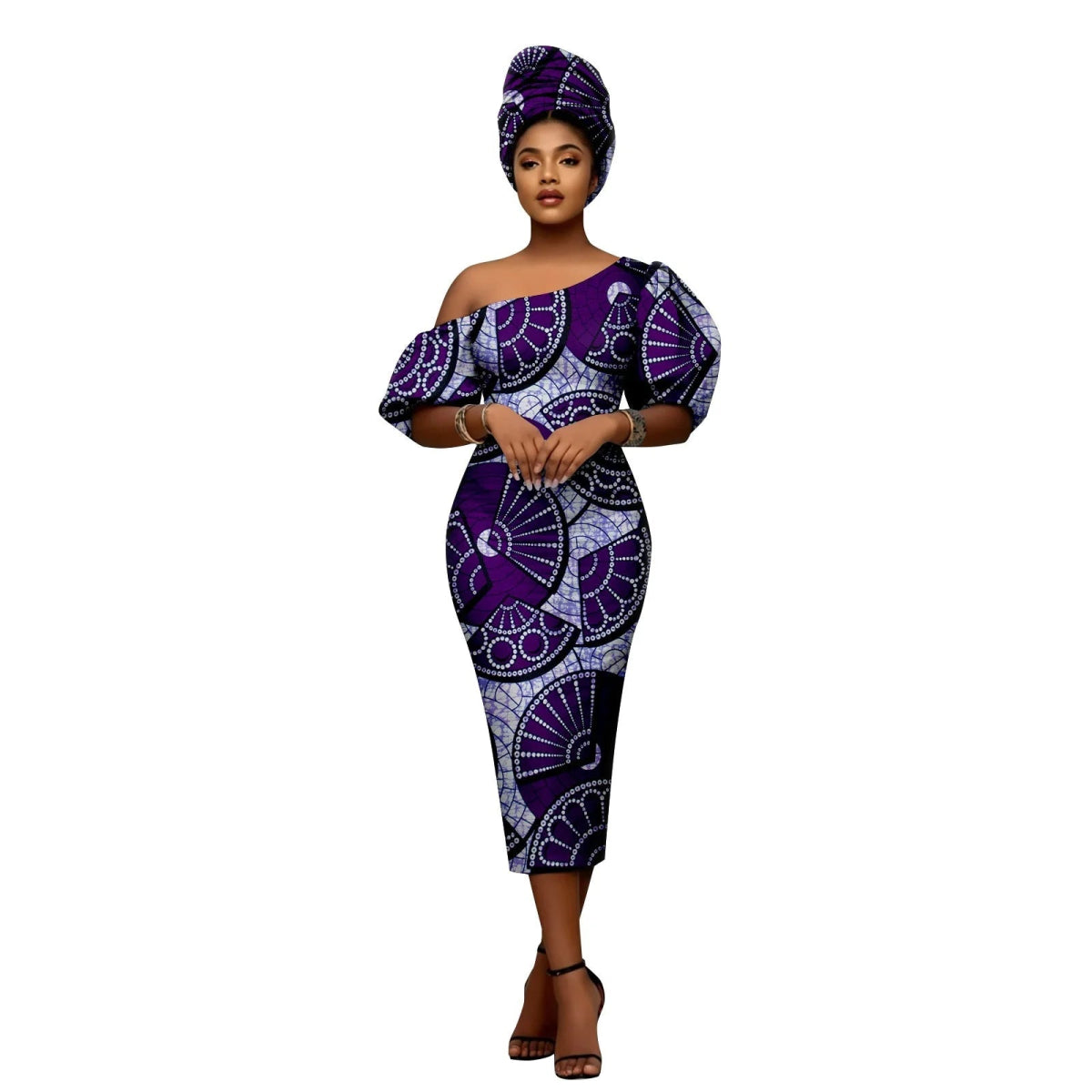 African Heritage Dress – Slim Fit Dashiki Gown with Puff Sleeves and Headwrap - Free Delivery Worldwide only at Flexi Africa
