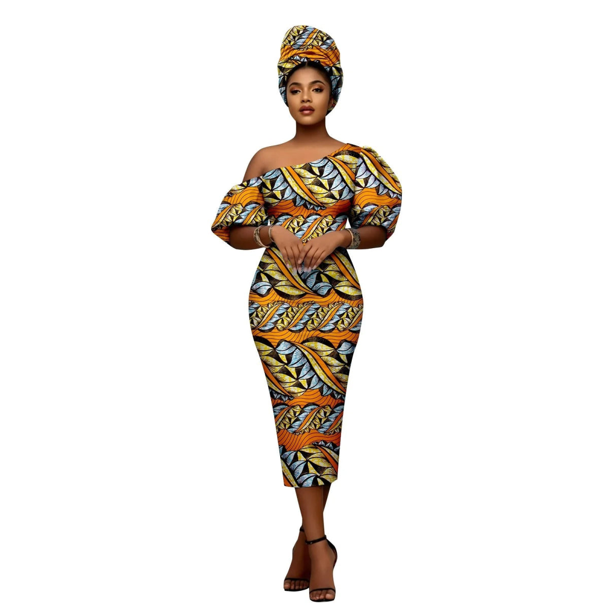 African Heritage Dress – Slim Fit Dashiki Gown with Puff Sleeves and Headwrap - Free Delivery Worldwide only at Flexi Africa