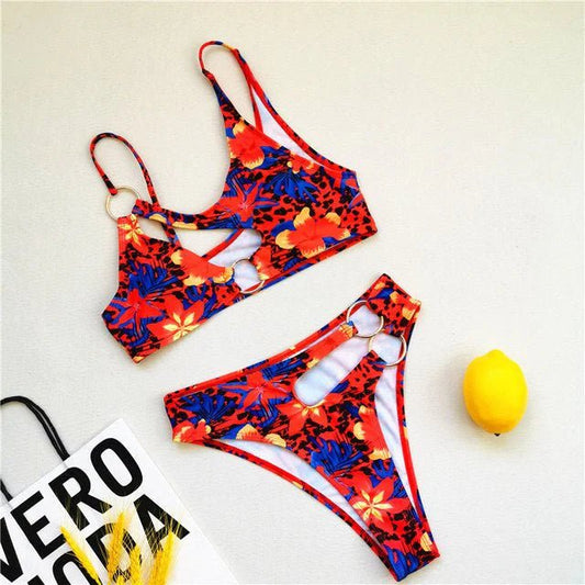 African-Inspired Floral Bikini: Sexy Cut-Outs and Chain Ring for a Swimwear - Flexi Africa offers Free Delivery Worldwide