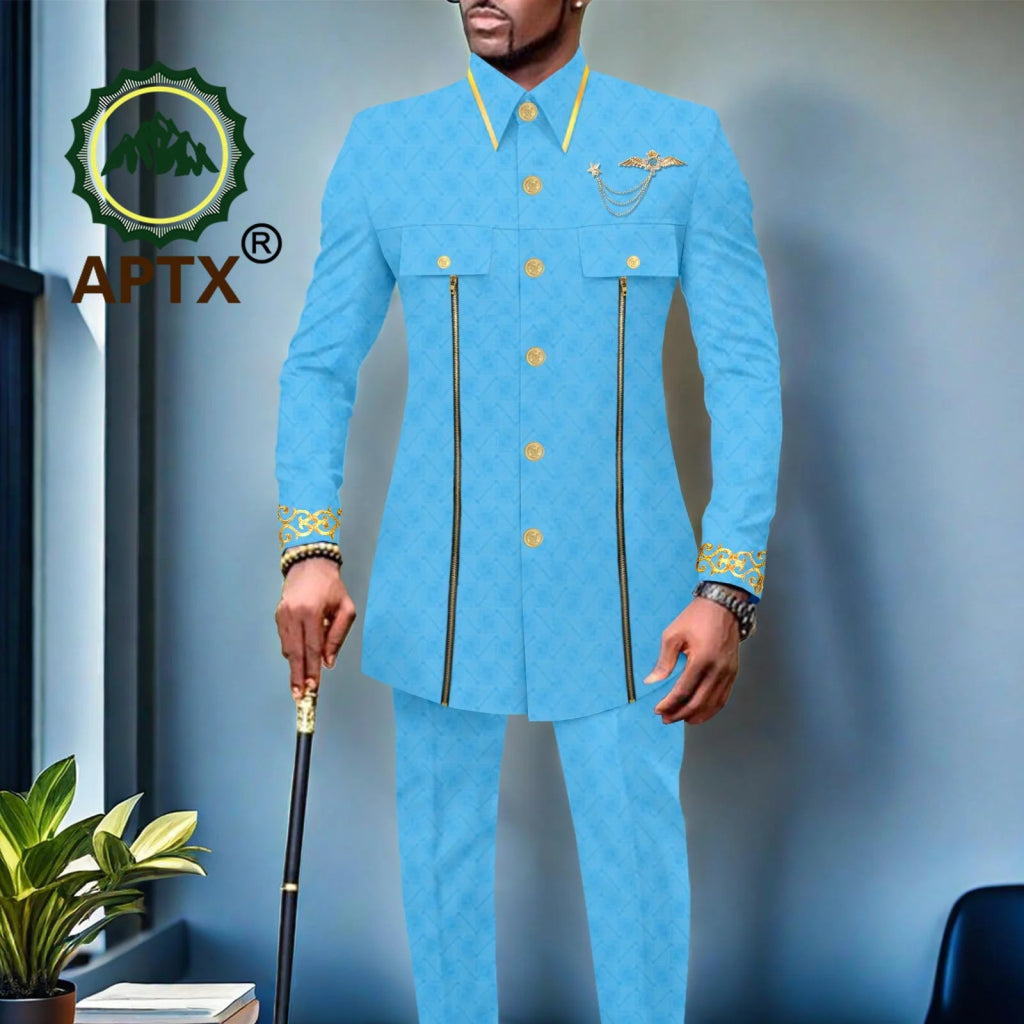 African Men’s Bazin Riche Suit – Gold Embroidered Coat and Pants Set for Weddings and Formal Occasions - Free Delivery Worldwide only at Flexi Africa
