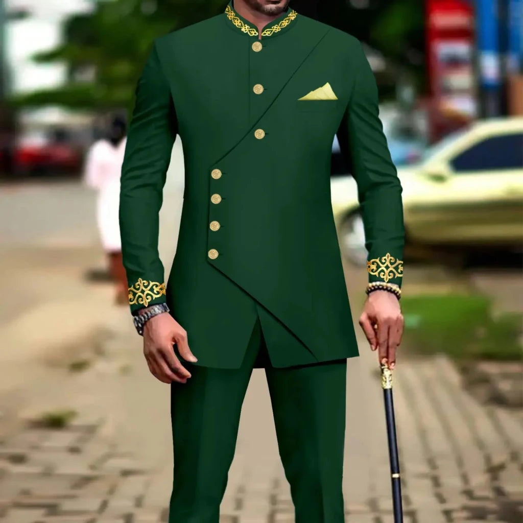 African Men’s Slim - Fit Suit Set – Double - Breasted Embroidered Blazer & Matching Trousers, Full - Sleeve Formal Business Attire - Free Delivery Worldwide only at Flexi Africa