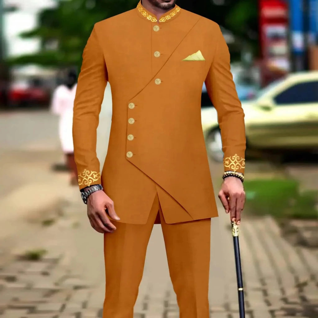 African Men’s Slim - Fit Suit Set – Double - Breasted Embroidered Blazer & Matching Trousers, Full - Sleeve Formal Business Attire - Free Delivery Worldwide only at Flexi Africa