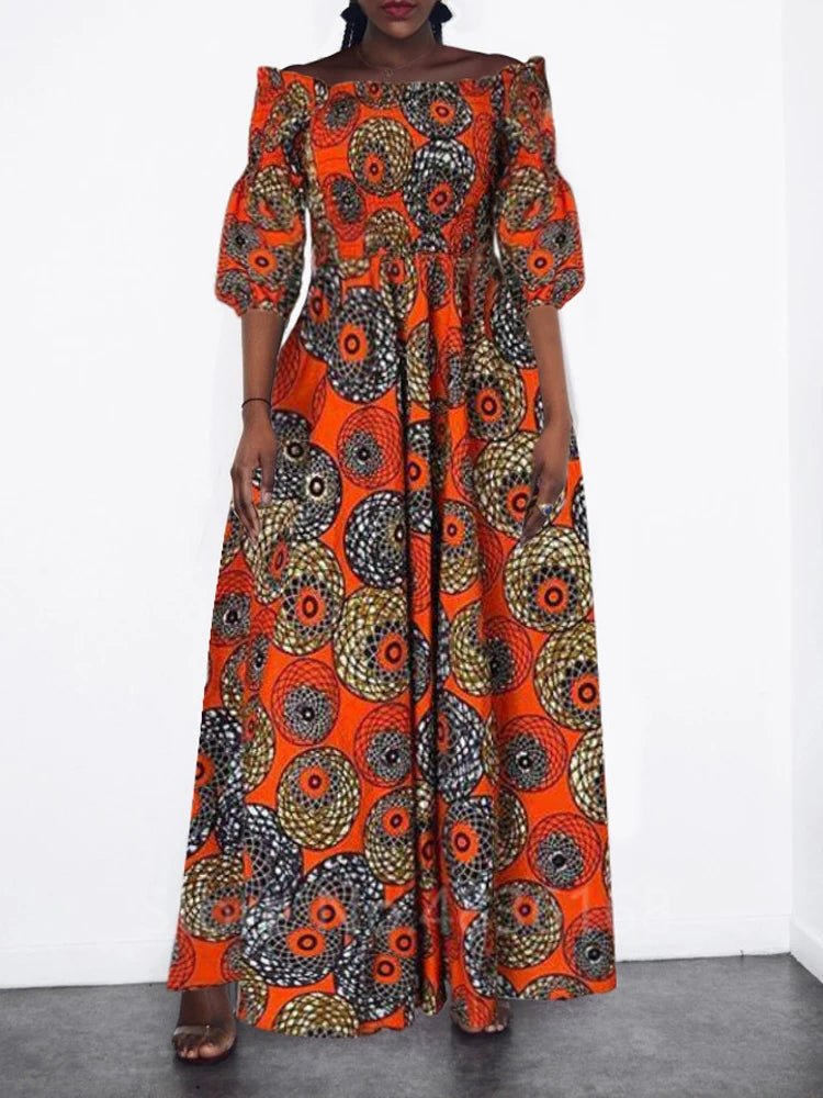 African National Print Party Dress Women Casual Sexy Slash - neck Lady Maxi Dress New Vintage Long - sleeved Loose Elegant Dresses - Free Delivery Worldwide only at Flexi Africa