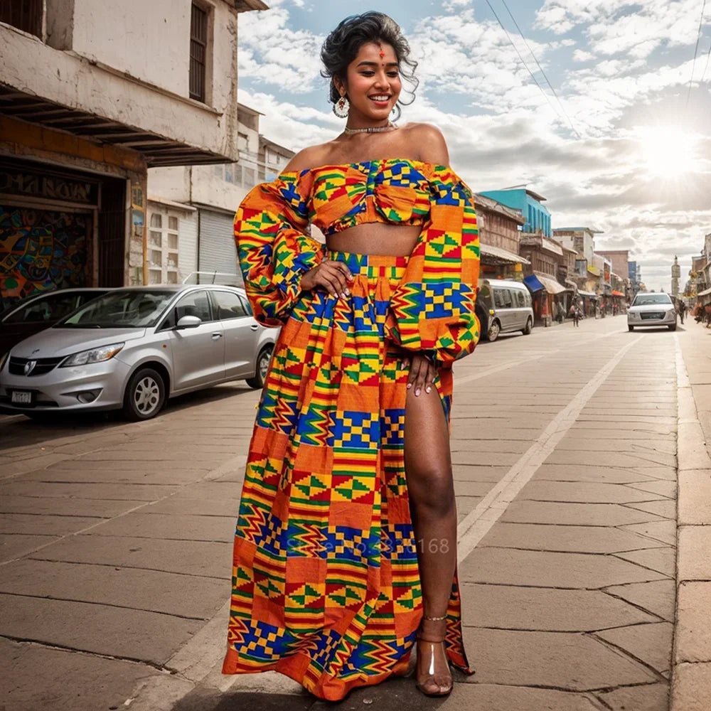 Buy African National Style Women’s Set – Off-Shoulder Long Sleeve Top & Split Maxi Skirt for only $19.02 at Flexi Africa!