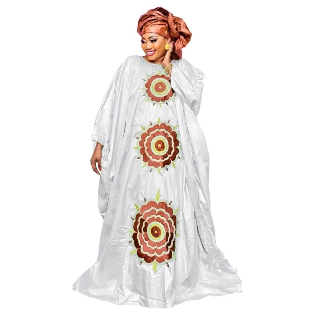 African Plus Size Bazin Riche Embroidered Maxi Dress with Matching Scarf – 3PC Set - Free Delivery Worldwide only at Flexi Africa