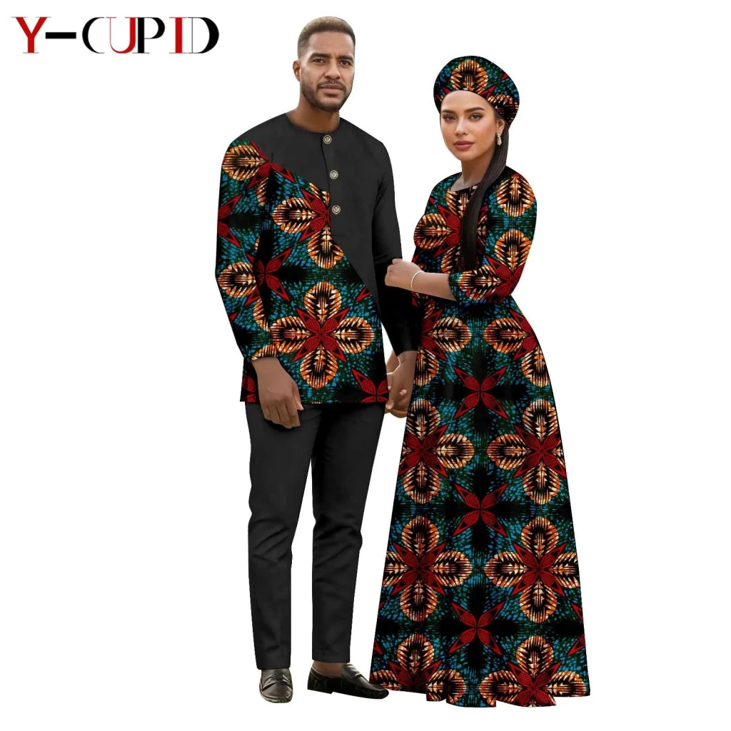 African Print Couple Outfit Set – Women’s Long Tutu Dress & Men’s Dashiki Suit Top and Pants - Free Delivery Worldwide only at Flexi Africa