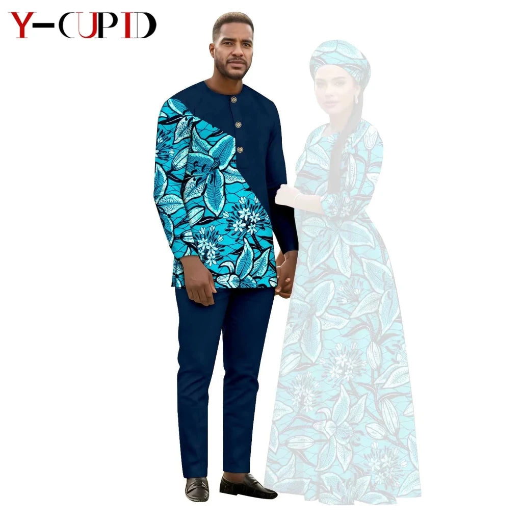 African Print Couple Outfit Set – Women’s Long Tutu Dress & Men’s Dashiki Suit Top and Pants - Free Delivery Worldwide only at Flexi Africa