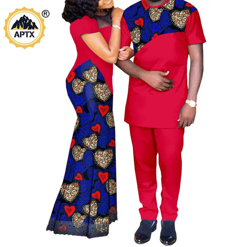 African Print Couple Set – Women’s Lace Dress Paired with Men’s Dashiki Shirt and Pants - Free Delivery Worldwide only at Flexi Africa
