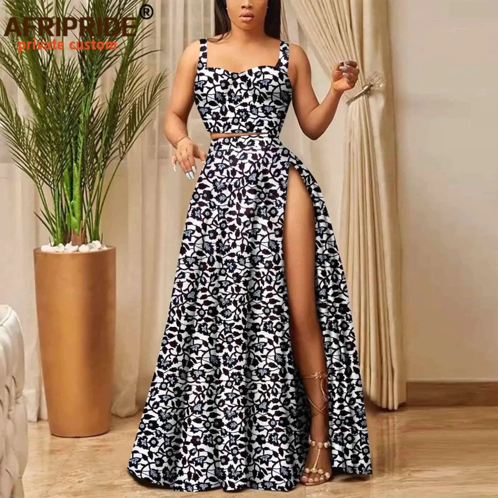 African Print Crop Top and Maxi Skirt Set – Women’s 2PC Ankara Outfit, Traditional Party Wear - Free Delivery Worldwide only at Flexi Africa