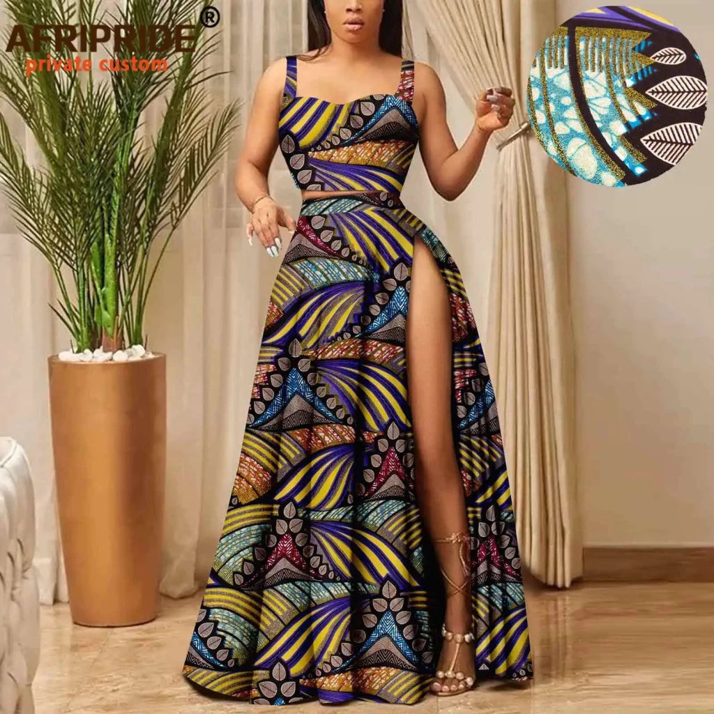 African Print Crop Top and Maxi Skirt Set – Women’s 2PC Ankara Outfit, Traditional Party Wear - Free Delivery Worldwide only at Flexi Africa