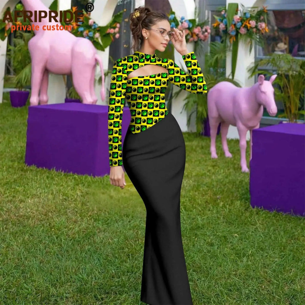 African Print Maxi Dress for Women – Ankara Full Sleeve High Neck Elegant Party Outfit - Free Delivery Worldwide only at Flexi Africa