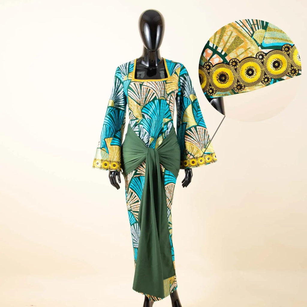 African Print Women’s Floor - Length Dress – Square Collar Long Sleeve Dashiki Gown with Belt - Free Delivery Worldwide only at Flexi Africa