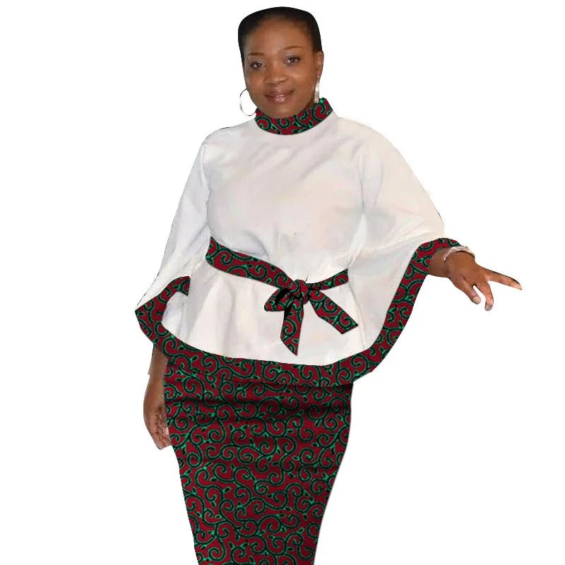 African Print Women’s Two - Piece Outfit – Tailored White Blouse and Belted Wax Skirt - Free Delivery Worldwide only at Flexi Africa