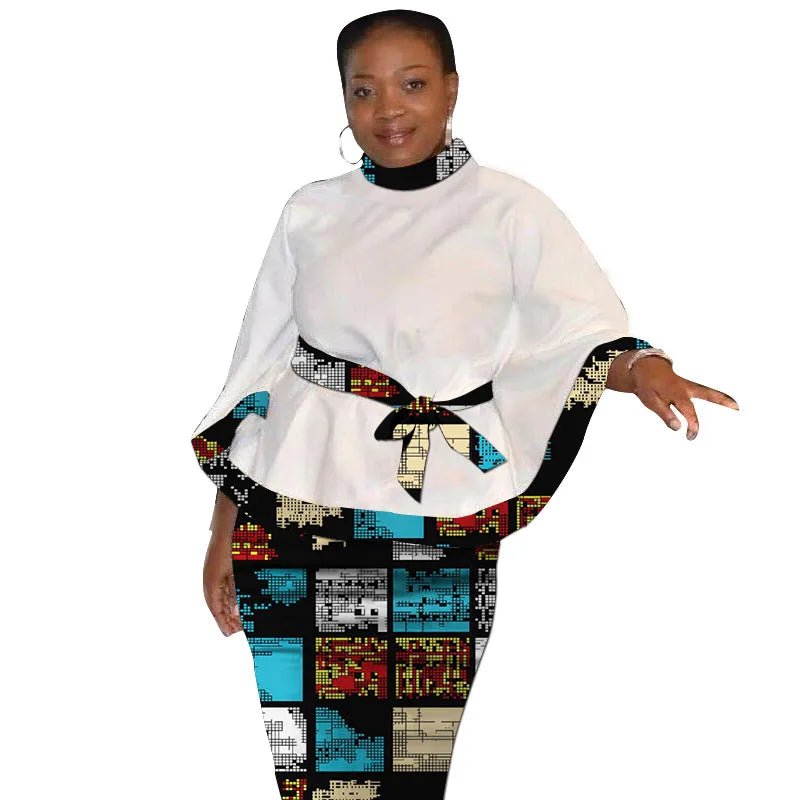 African Print Women’s Two - Piece Outfit – Tailored White Blouse and Belted Wax Skirt - Free Delivery Worldwide only at Flexi Africa