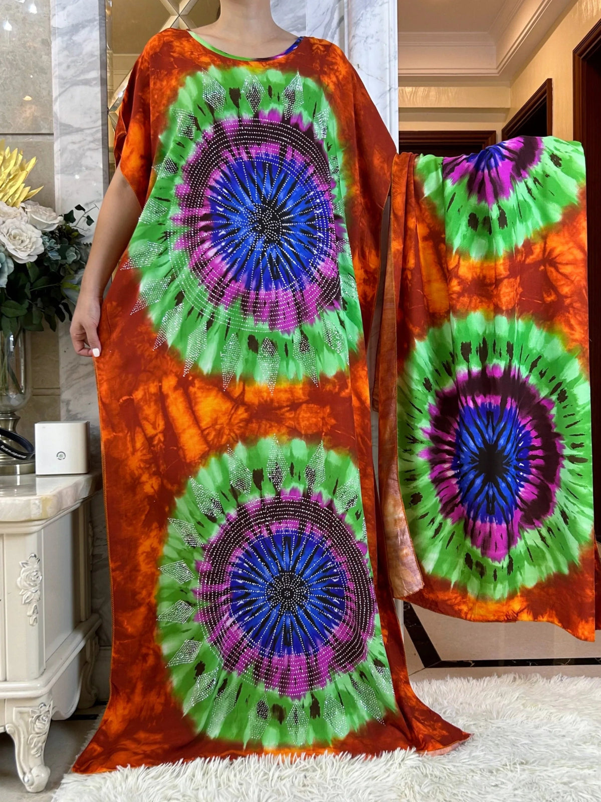 African Summer Abaya Dress: Short Sleeve Dashiki Design with Oversized Floral Scarf - Flexi Africa - Flexi Africa offers Free Delivery Worldwide - Vibrant African traditional clothing showcasing bold prints and intricate designs