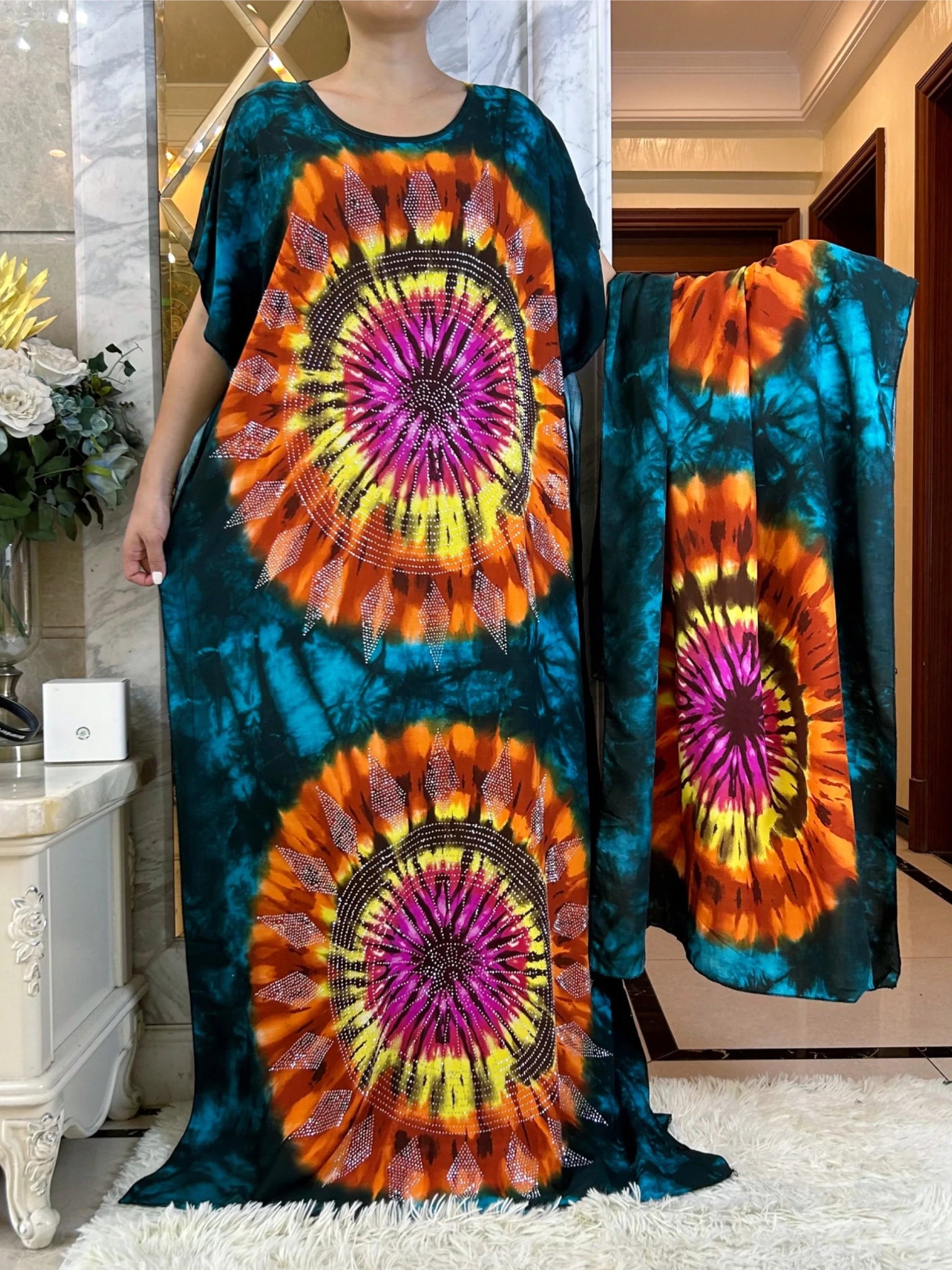 African Summer Abaya Dress: Short Sleeve Dashiki Design with Oversized Floral Scarf - Flexi Africa - Flexi Africa offers Free Delivery Worldwide - Vibrant African traditional clothing showcasing bold prints and intricate designs