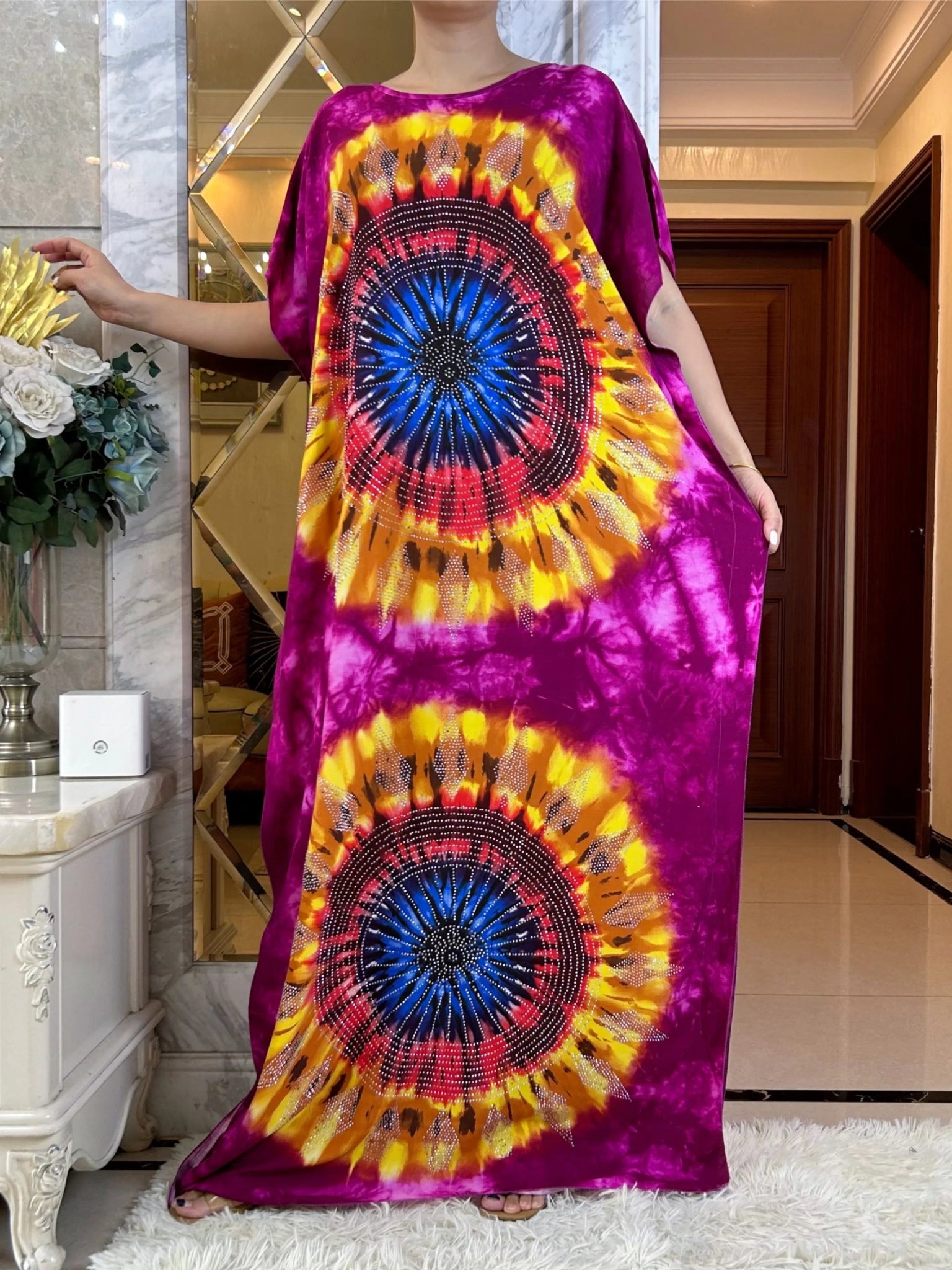 African Summer Abaya Dress: Short Sleeve Dashiki Design with Oversized Floral Scarf - Flexi Africa - Flexi Africa offers Free Delivery Worldwide - Vibrant African traditional clothing showcasing bold prints and intricate designs