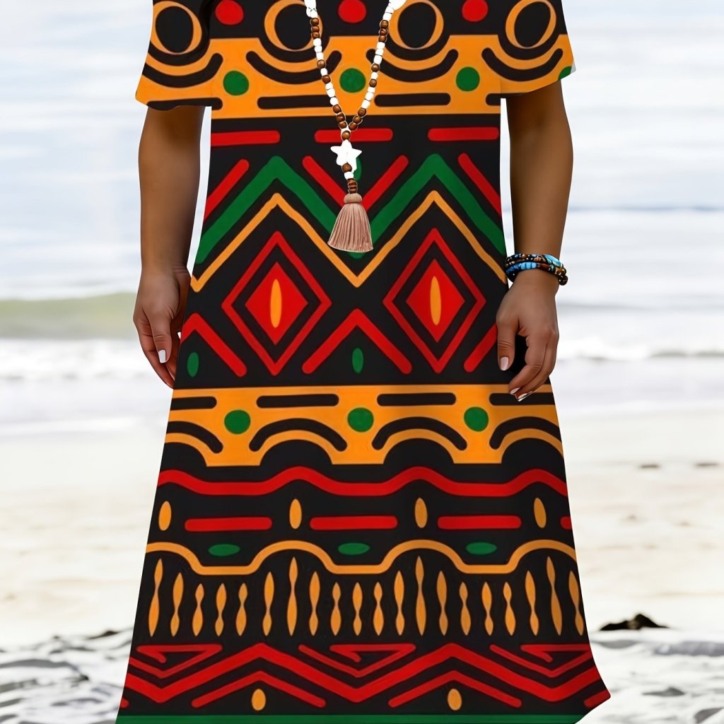 African Tribal Print T-Shirt Dress – Bold Geometric Beach Wear - Free Delivery Worldwide only at Flexi Africa