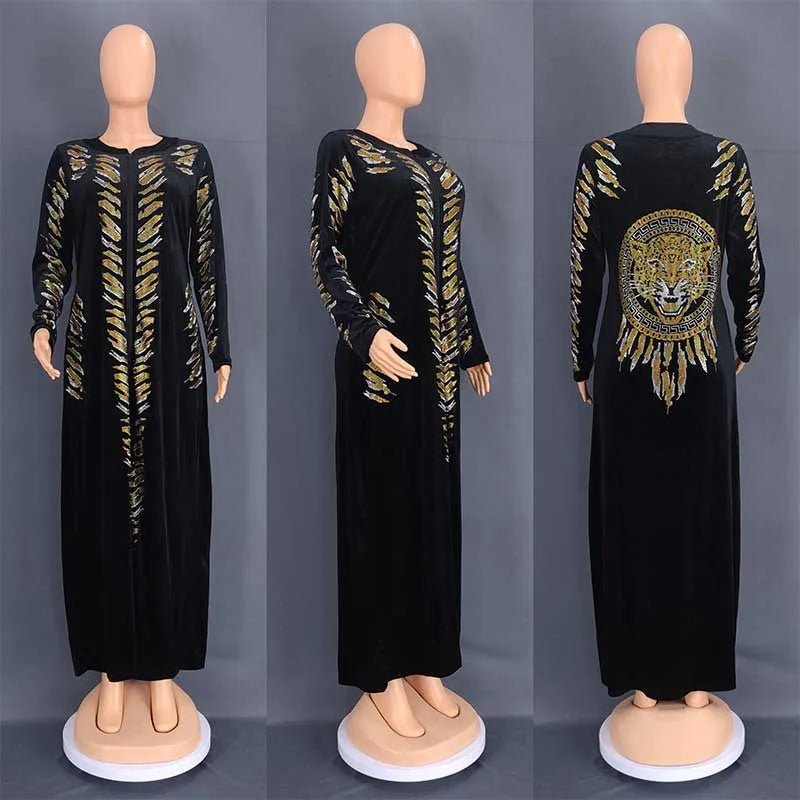 African Velvet Maxi Dress: Letter Robe Style with Sequins, O-Neck and Short Sleeves - Flexi Africa - www.flexiafrica.com