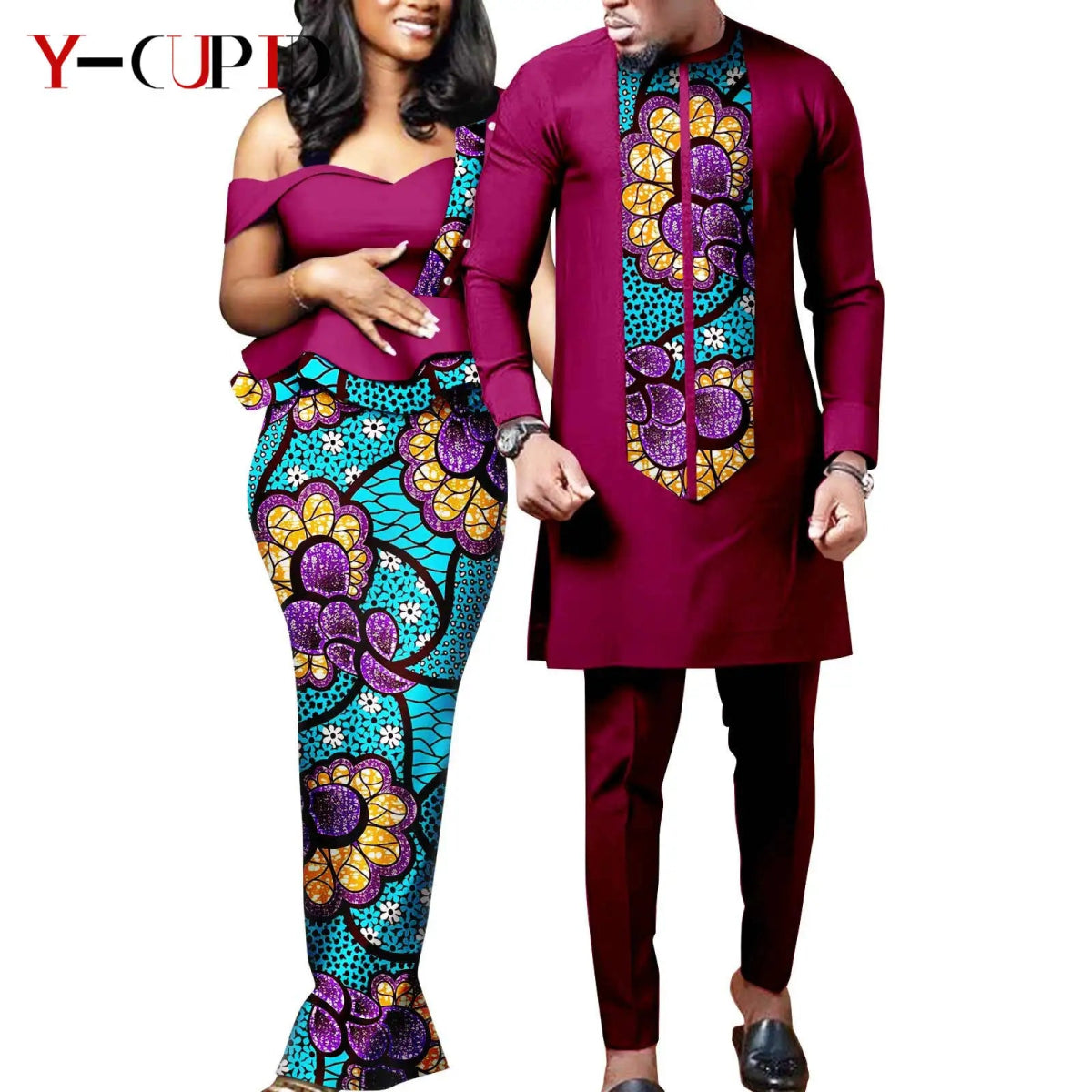 African Wedding Couple Set – Women’s Dashiki Print Dress & Men’s Kaftan Top and Pant Outfit - Free Delivery Worldwide only at Flexi Africa