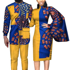 African Wedding Matching Outfit – Slim Women’s Dress and Men’s Patchwork Shirt with Pants - Free Delivery Worldwide only at Flexi Africa