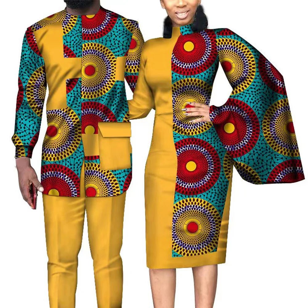African Wedding Matching Outfit – Slim Women’s Dress and Men’s Patchwork Shirt with Pants - Free Delivery Worldwide only at Flexi Africa
