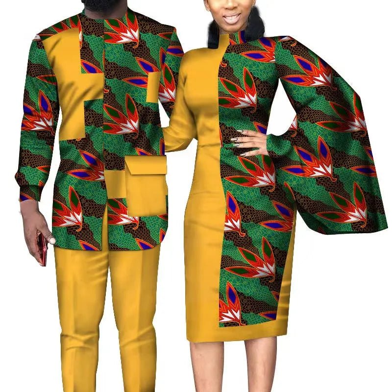 African Wedding Matching Outfit – Slim Women’s Dress and Men’s Patchwork Shirt with Pants - Free Delivery Worldwide only at Flexi Africa