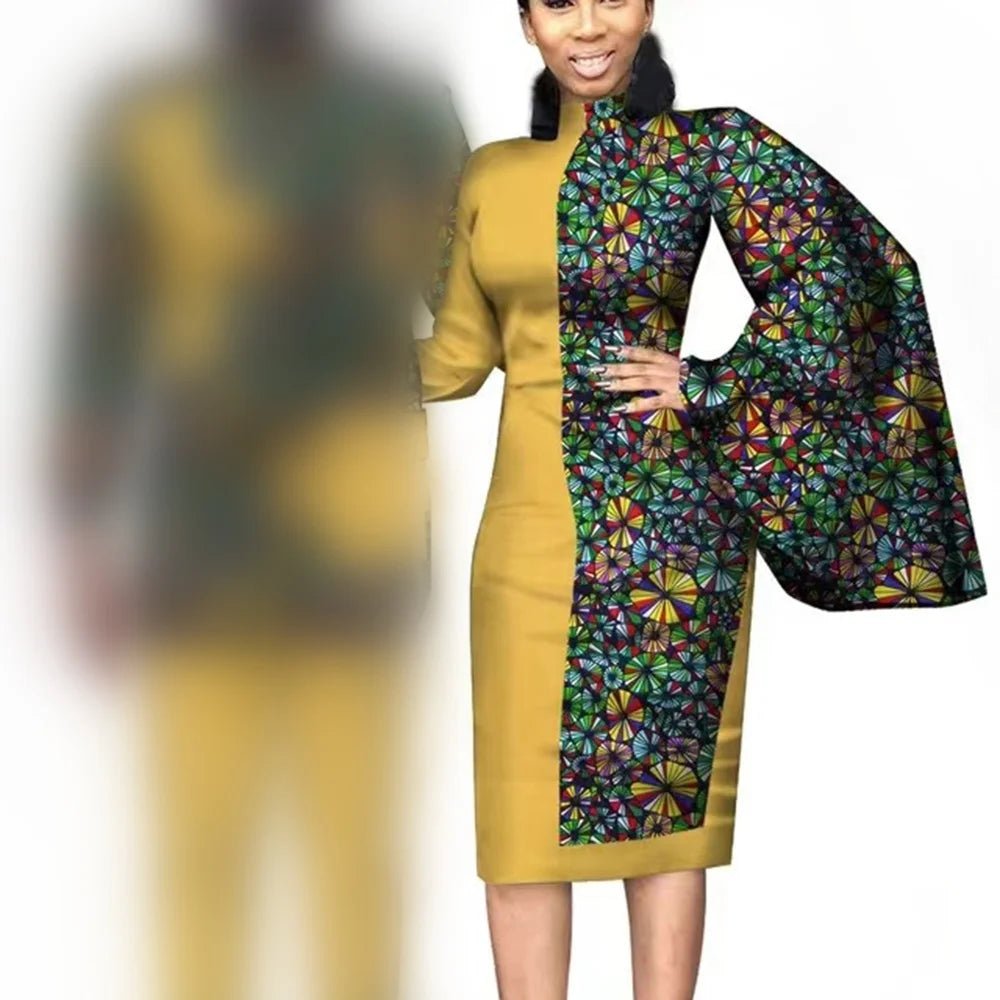 African Wedding Matching Outfit – Slim Women’s Dress and Men’s Patchwork Shirt with Pants - Free Delivery Worldwide only at Flexi Africa