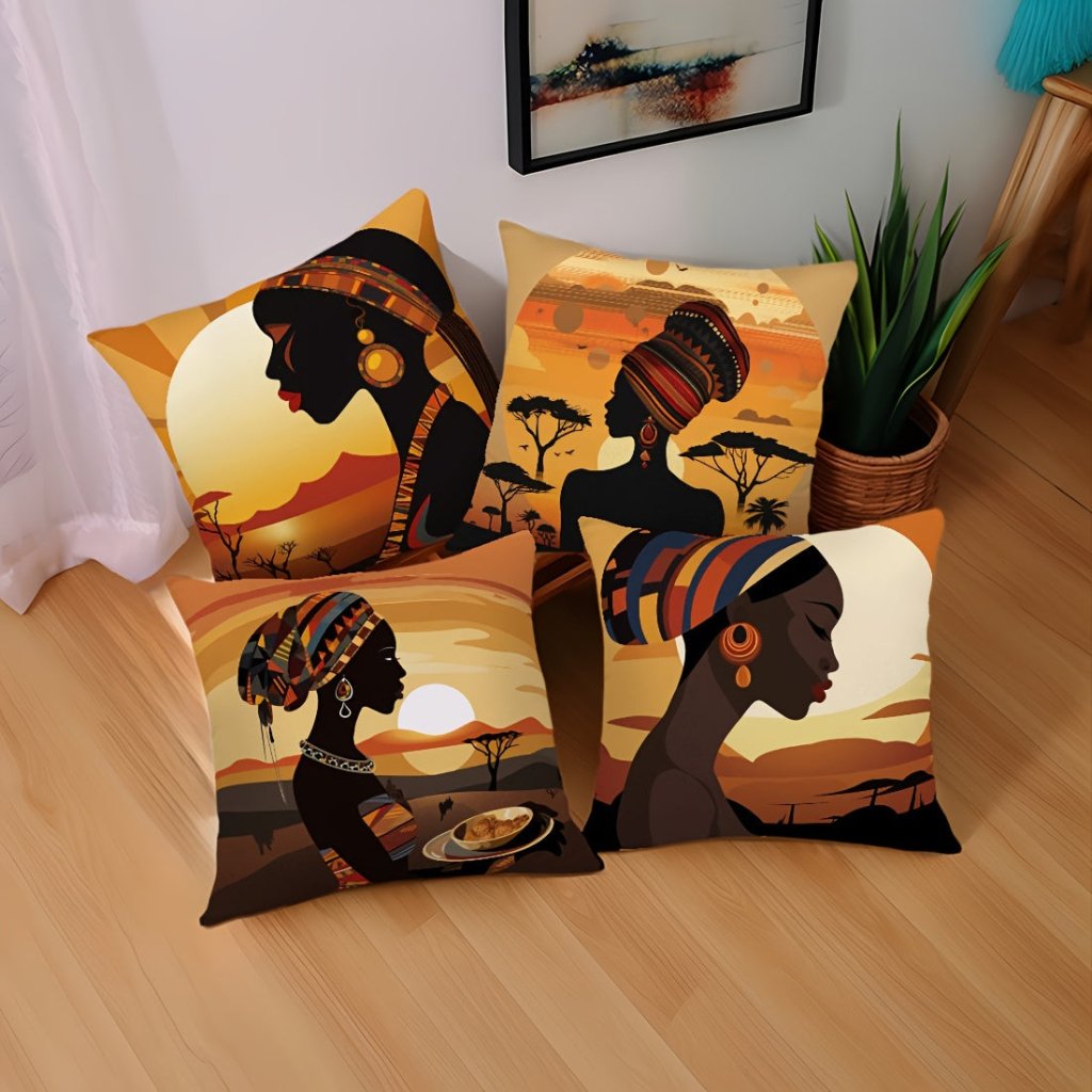 African Woman Decorative Throw Pillow Covers – Set of 4, 17.7" Square - Free Delivery Worldwide only at Flexi Africa