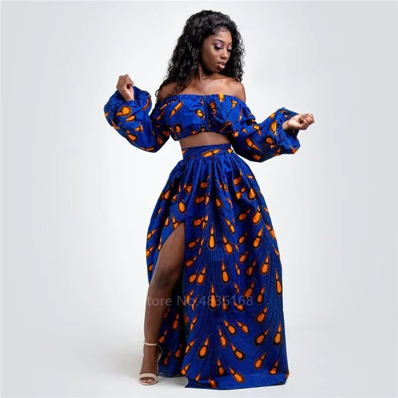 African Women’s 2 - Piece Dress Set – Dashiki Print Off - Shoulder Long Sleeve Top & Split Skirt Outfit - Free Delivery Worldwide only at Flexi Africa