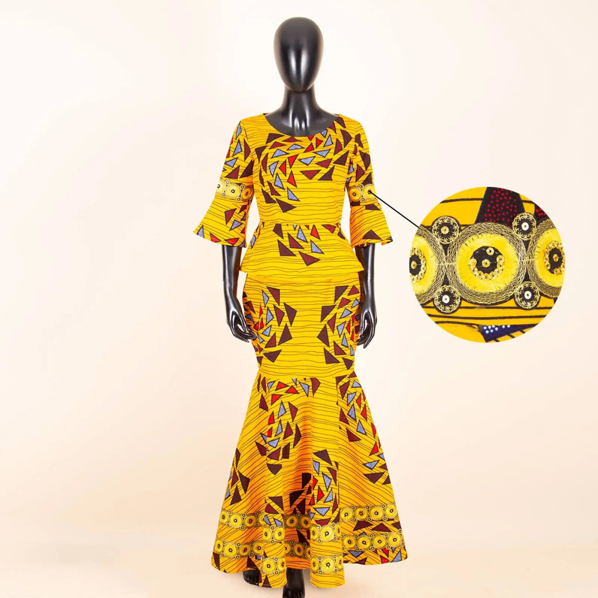 African Women's 2PC Dress – Loose - Fit Gold Printed Fabric with Flared Sleeves - Free Delivery Worldwide only at Flexi Africa