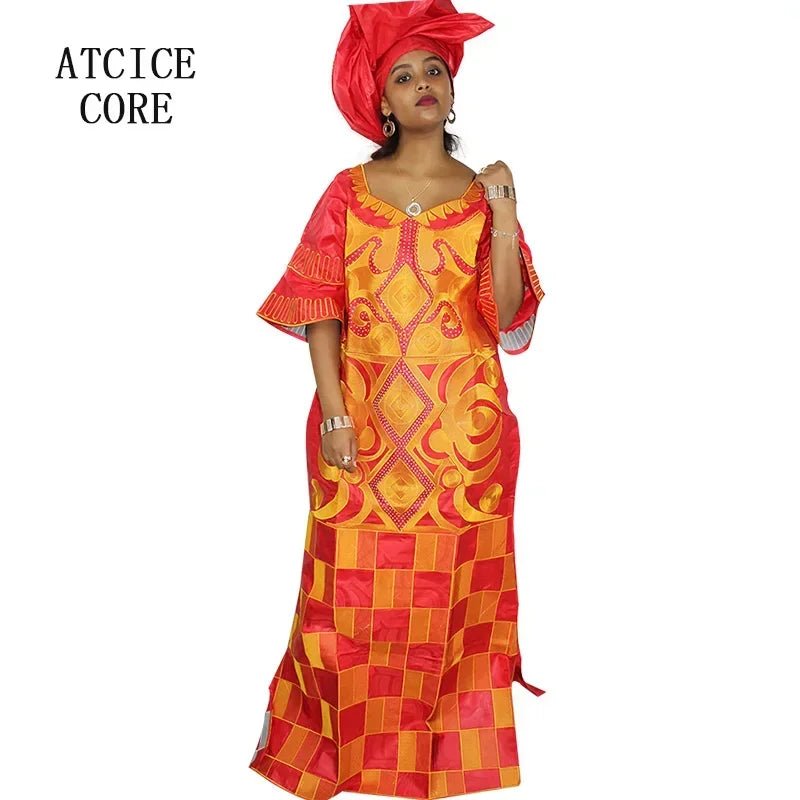 African Women's Bazin Riche Embroidered Plus - Size Long Dress with Matching Scarf - Free Delivery Worldwide only at Flexi Africa