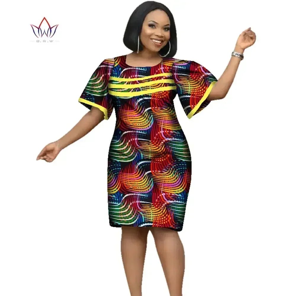 African Women’s Cotton Wax Print Dress – Dashiki Short Sleeve O - Neck Pencil Dress - Free Delivery Worldwide only at Flexi Africa